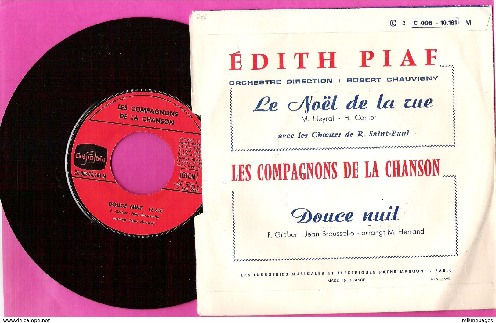 45T SP Edith Piaf Et Les Compagnons De La Chanson Le Noël De La Rue Et Douce Nuit EMI Columbia Pochette Papier Languette - Christmas Carols