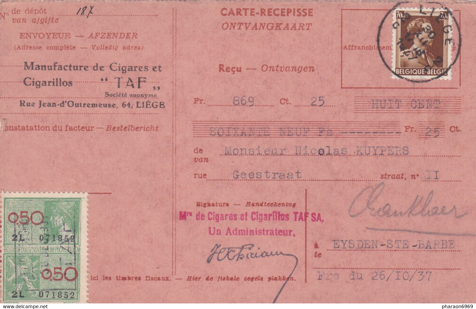 Carte Récépissé 341 Timbre Fiscal Liège - Documents
