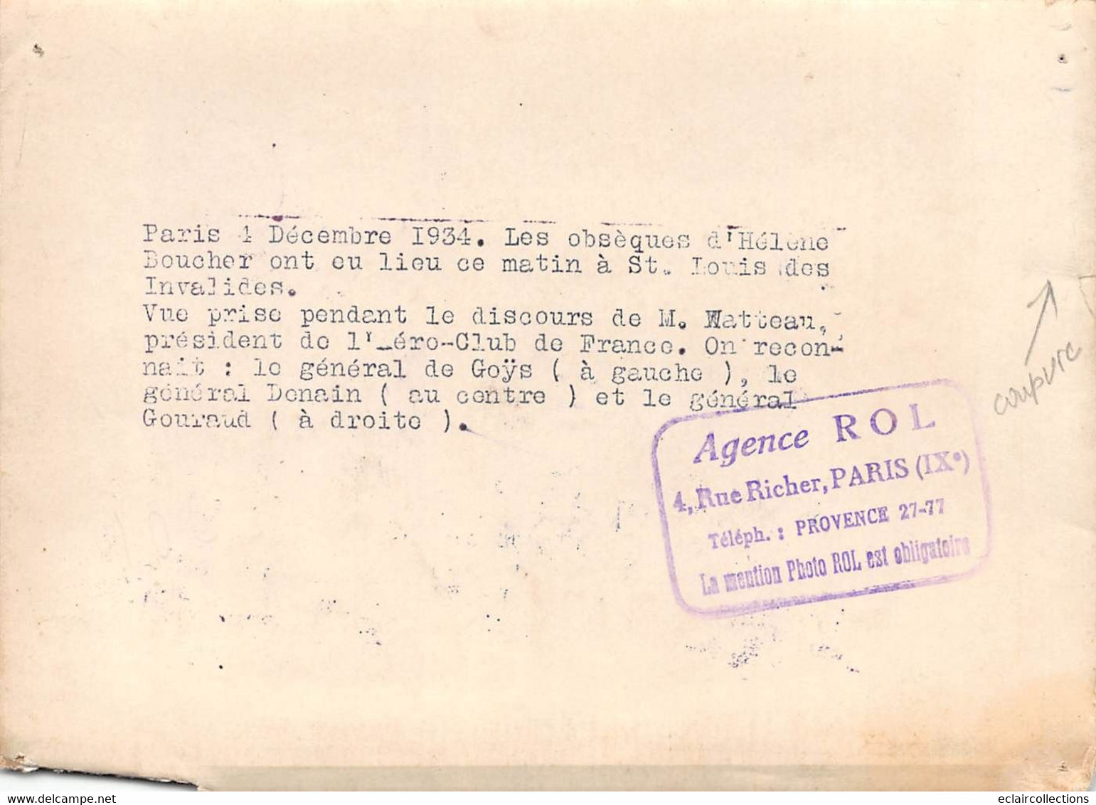 Photographie: Aviation. 2 Décembre  1934  Obsèques D'Hélène Boucher .Discours De M.Watteau   (voir Scan Et Commentaires) - Luftfahrt