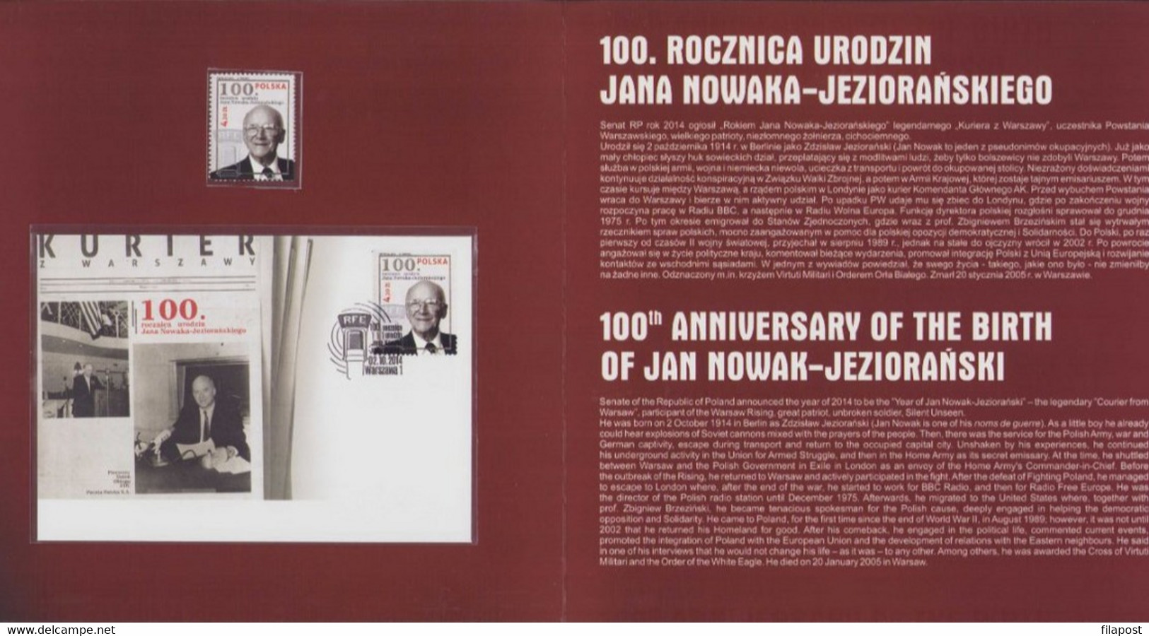 POLAND 2014 Booklet / 100th Birthday Of Jan Nowak Jezioranski RFE Free Europe Radio, FDC + Stamp **MNH - Booklets