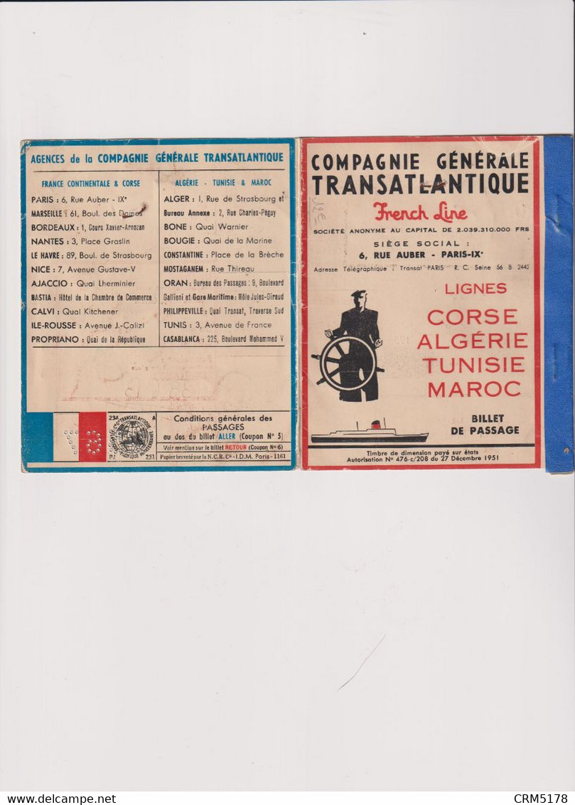 Billet De Passage-NICE-AJACCIO-ALLER/RETOUR 1959-CIE. GENERALE TRANSATLANTIQUE - Europe