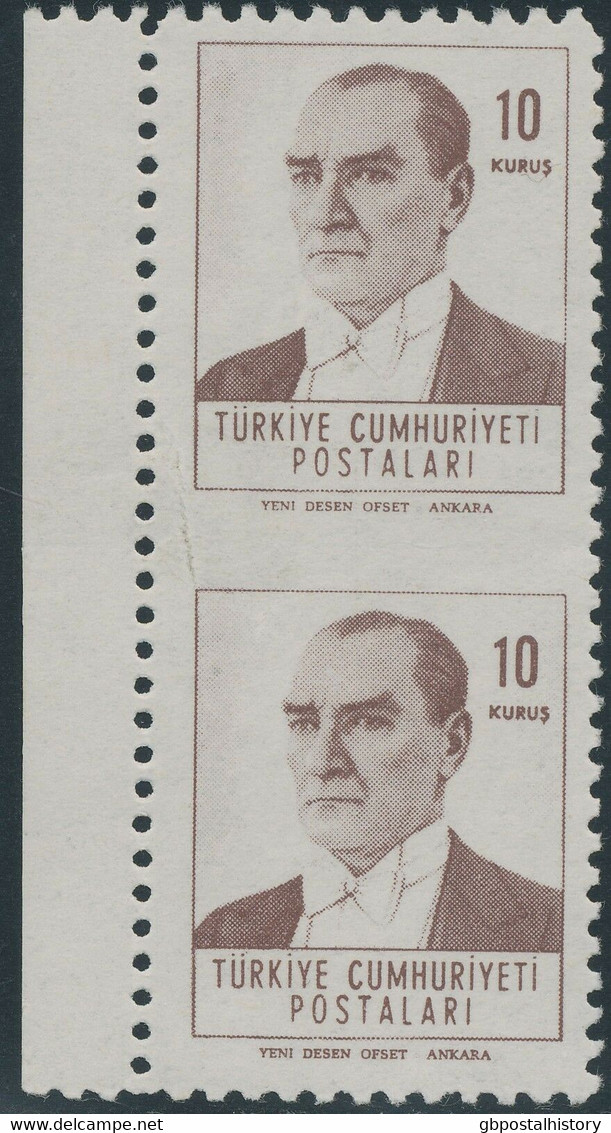 TÜRKEI 1961/2 Atatürk, Postfr. ABARTEN: 10 K. Karminlila Senkrechtes Kab.-Paar - Unused Stamps