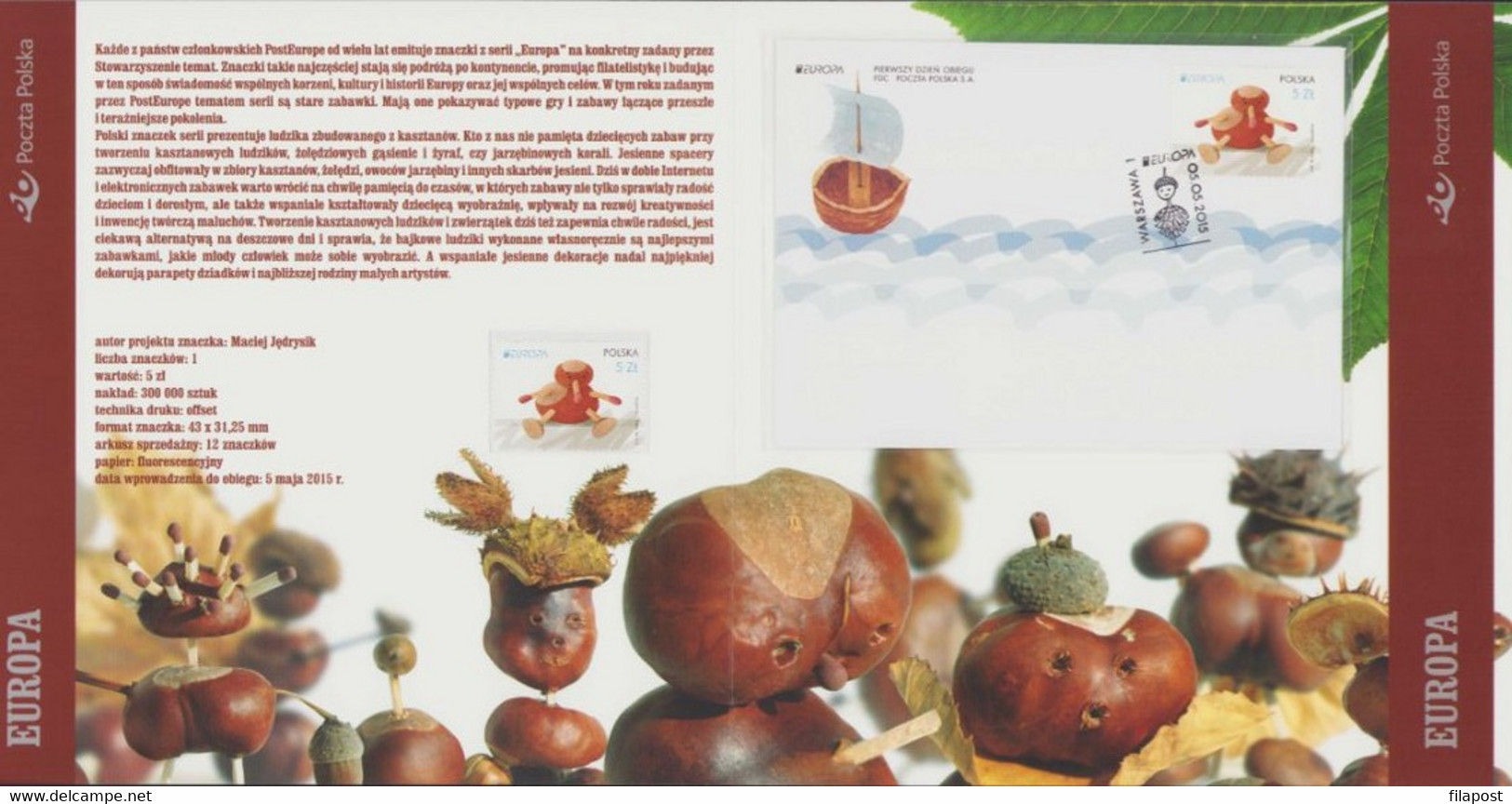 Poland 2015, Souvenir Booklet /  Europe, Europa CEPT,  A Chestnut Man, Toy, Matches / FDC + Stamp MNH** FV - Postzegelboekjes