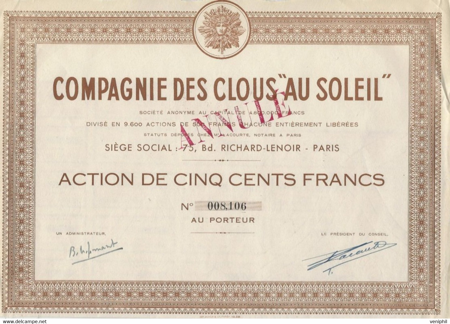 COMPAGNIE DES CLOUS "AU SOLEIL " ACTION DE 500 FRS - Other & Unclassified