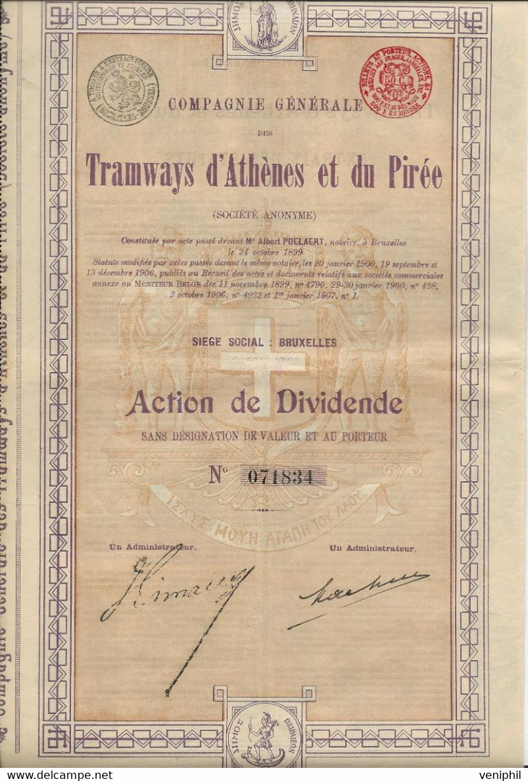 COMPAGNIE GENERALE DES TRAMWAYS D'ATHENES ET DU PIREE -ACTION DE DIVIDENDE -ANNEE 1906 - Railway & Tramway