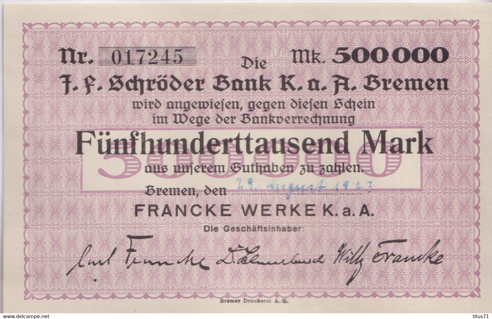 Notgeld Allemagne 500 000 Mark Bank Schröder - Bremen - 29/08/1923 - Etat neuf / XF