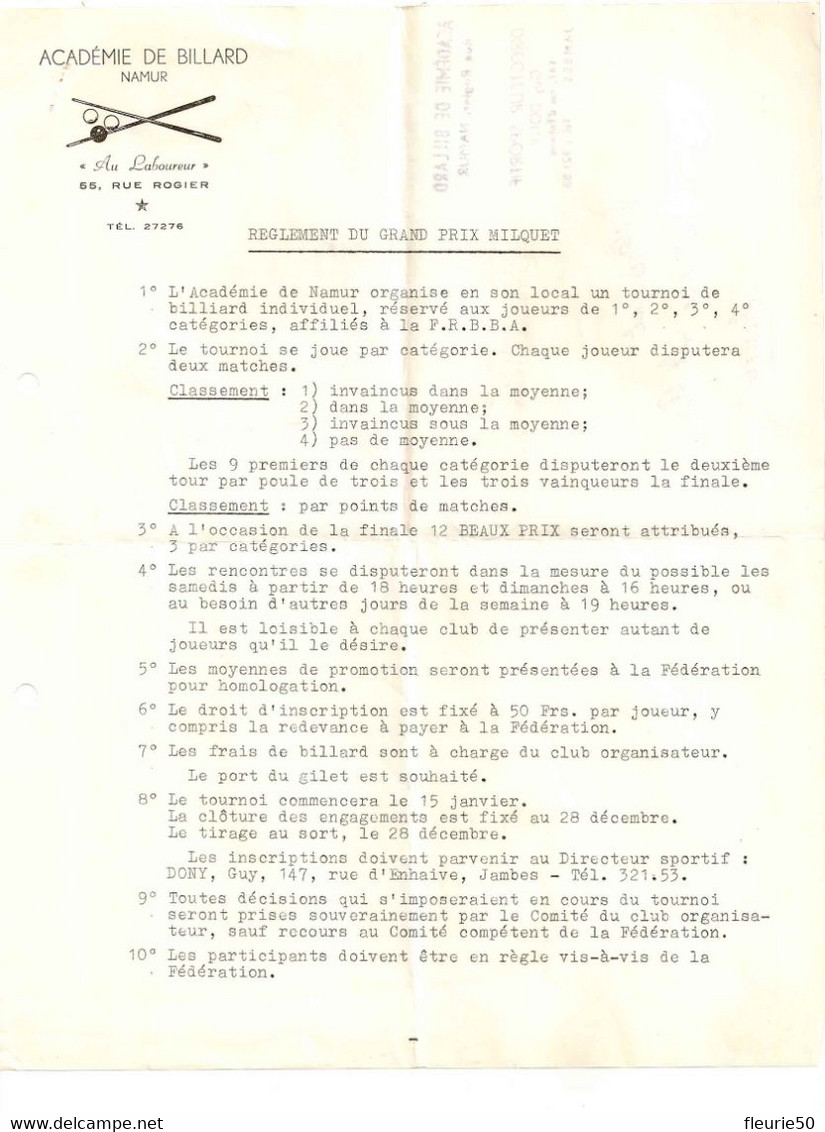 Vieux Papiers - Sports : Académie De Billard, Namur. Règlement Du Grand Prix Milquet, Vers Ciney, 1965. - Billiards