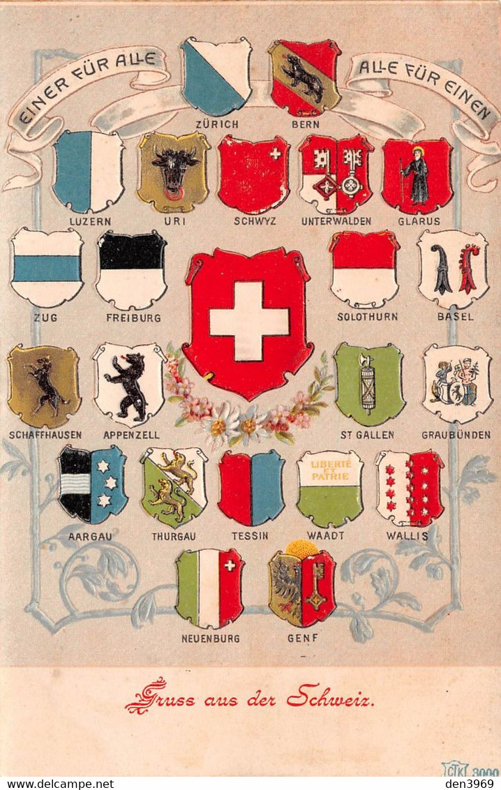 Suisse - Gruss Aus Der SCHWEIZ - Einer Für Alle, Alle Für Einen - Blasons Des Différents Cantons - Carte Gaufrée - St. Anton