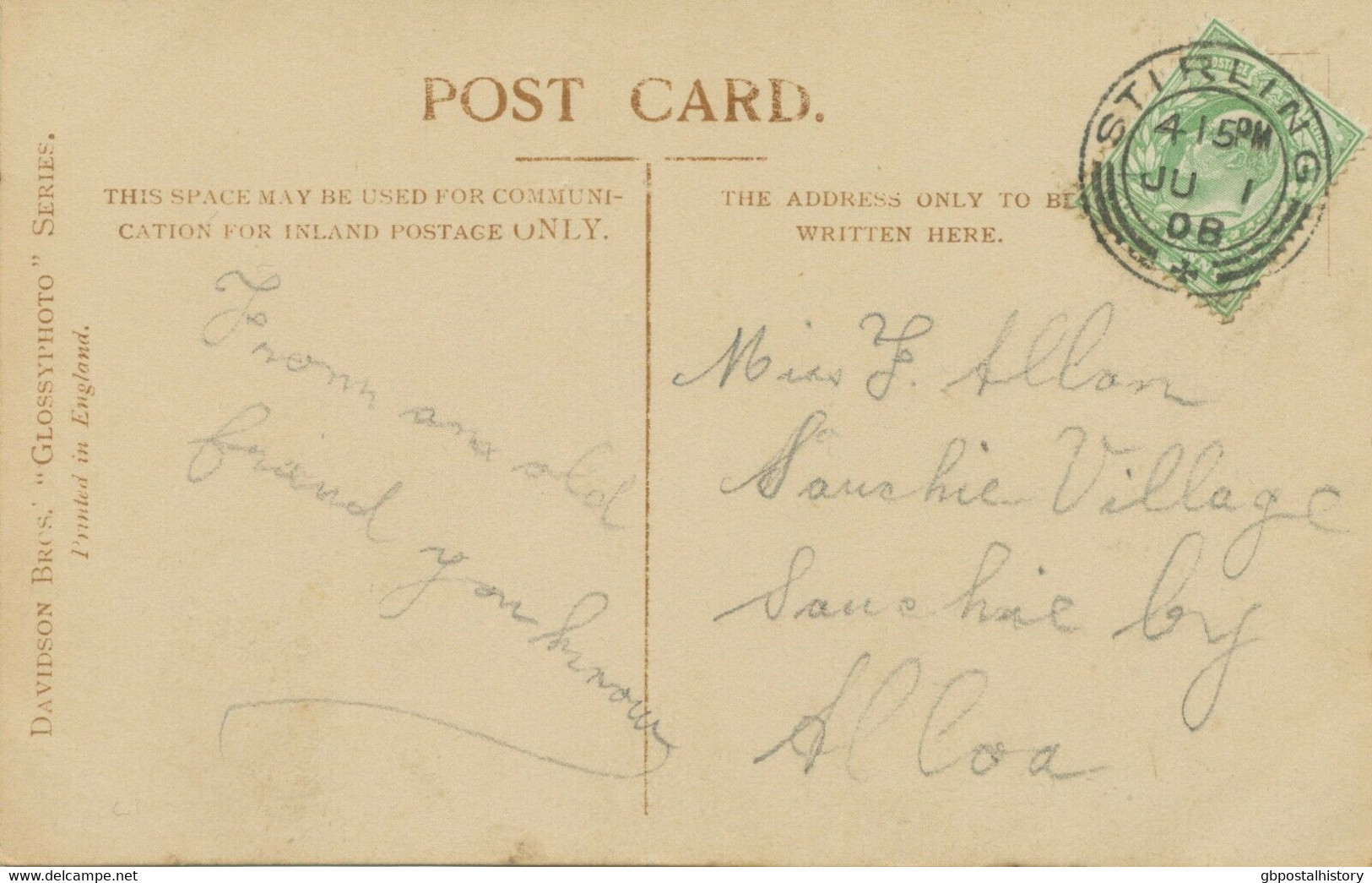 GB SCOTTISH VILLAGE POSTMARKS „STIRLING“ Superb Strike (24mm, Time Code „4 15PM“) Superb RP Postcard (Queenie Leighton) - Schottland