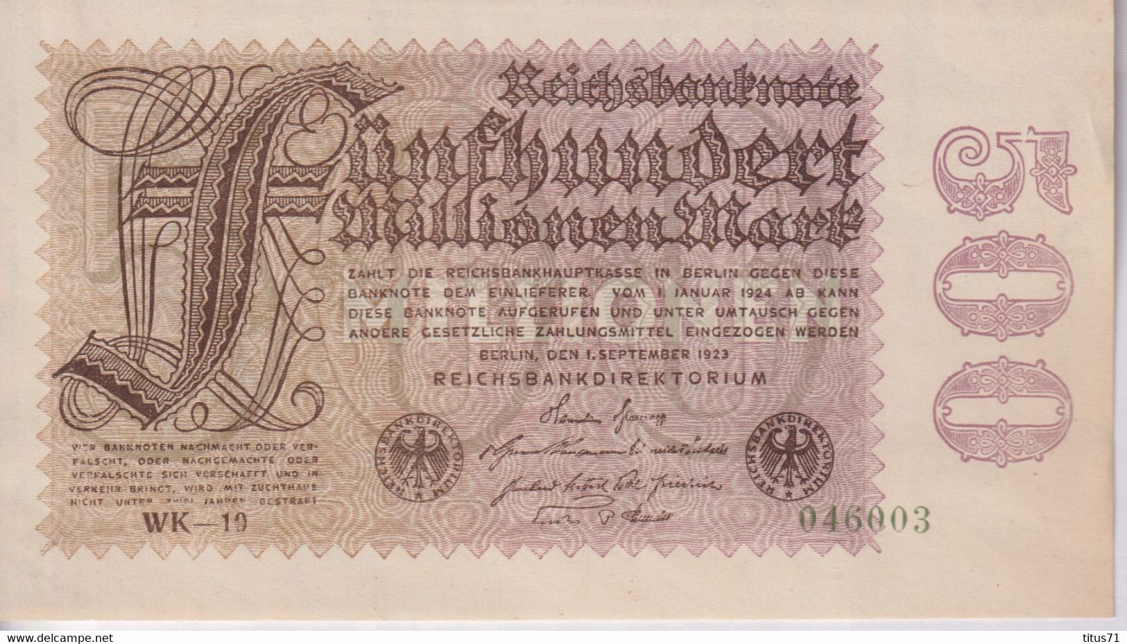 Notgeld Allemagne 500 Millionen Mark / 500 Millions Mark - 01/09/1923 - Sup / XF - Collections