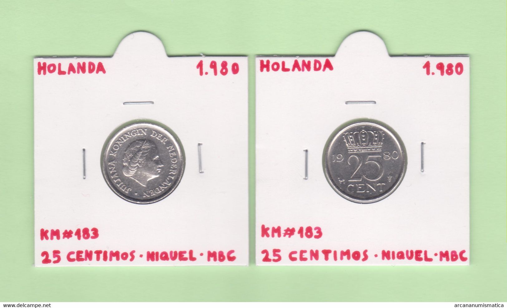 HOLANDA  25  CÉNTIMOS  1.980 NIQUEL  KM#183  VF/MBC   T-DL-12.711 - Other & Unclassified