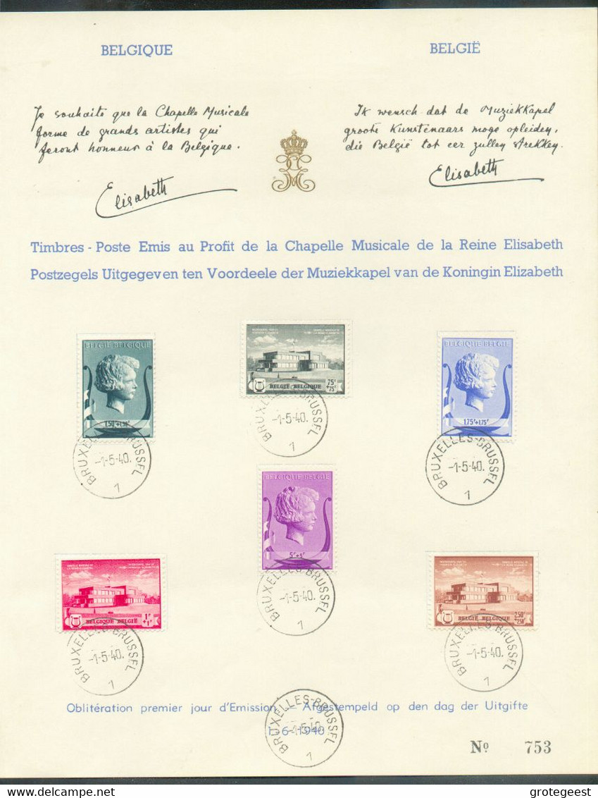 N°532/537 - Série Chapelle Musicale Reine Elisabeth sur Feuillet Souvenir Obl. Sc BRUXELLES 1-5-1940 Et Signature De La - Briefe U. Dokumente