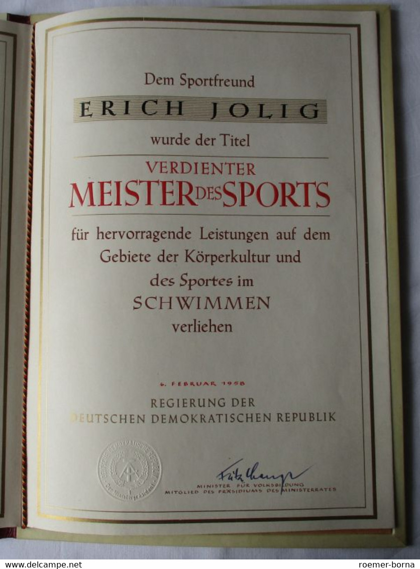 DDR Orden Verdienter Meister des Sports 1958 + Urkunde Ehrennadel 71 a (132479)