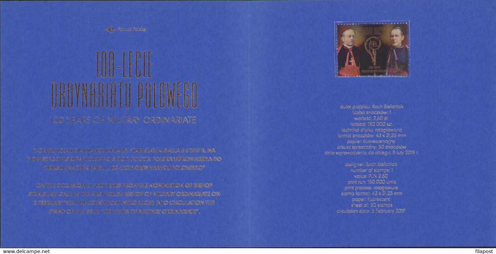 POLAND 2019 Mini Booklet,Military Ordinariate, Archbishop Achille Ratti, Stanislaw Gall Polish Armed Forces StampMNH**FV - Libretti