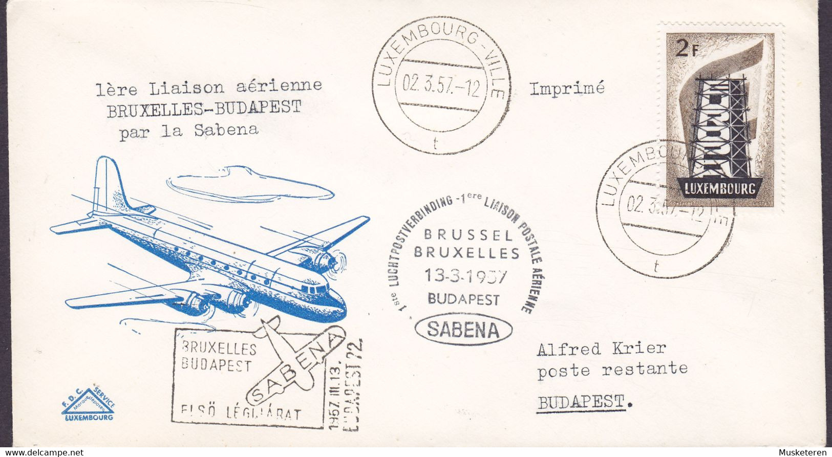 Luxembourg SABENA First Flight Premier Vol Postal BRUXELLES-BUDAPEST, LUXEMBOURG-VILLE 1957 Cover Brief Europa CEPT - Briefe U. Dokumente