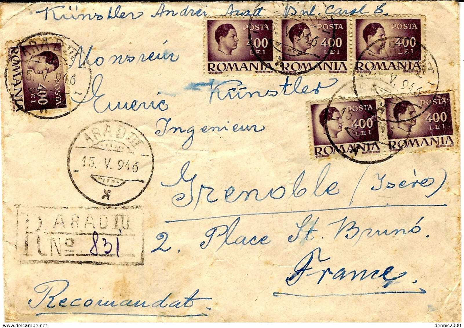 1946- Enveloppe Recc.  D'ARAD  Pour La France -affr. 400 Lei X 6 - Postmark Collection