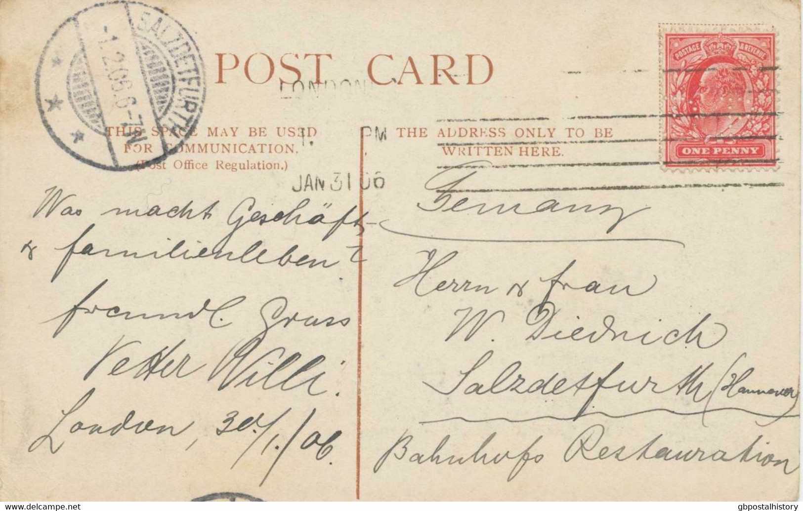 GB 1906 EVII 1d Red (PERFIN „D.B.“) On Superb B/w Postcard (House Of Commons) – PERFINS On Postcards Are Extremely Rare - Perforadas