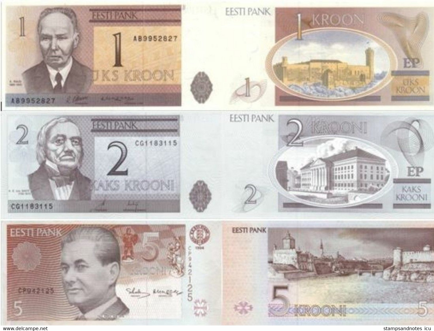 ESTONIA 1 2 5 Krooni 1992 - 2007 P 69 76 85 UNC Set Of 3 Banknotes - Estonia