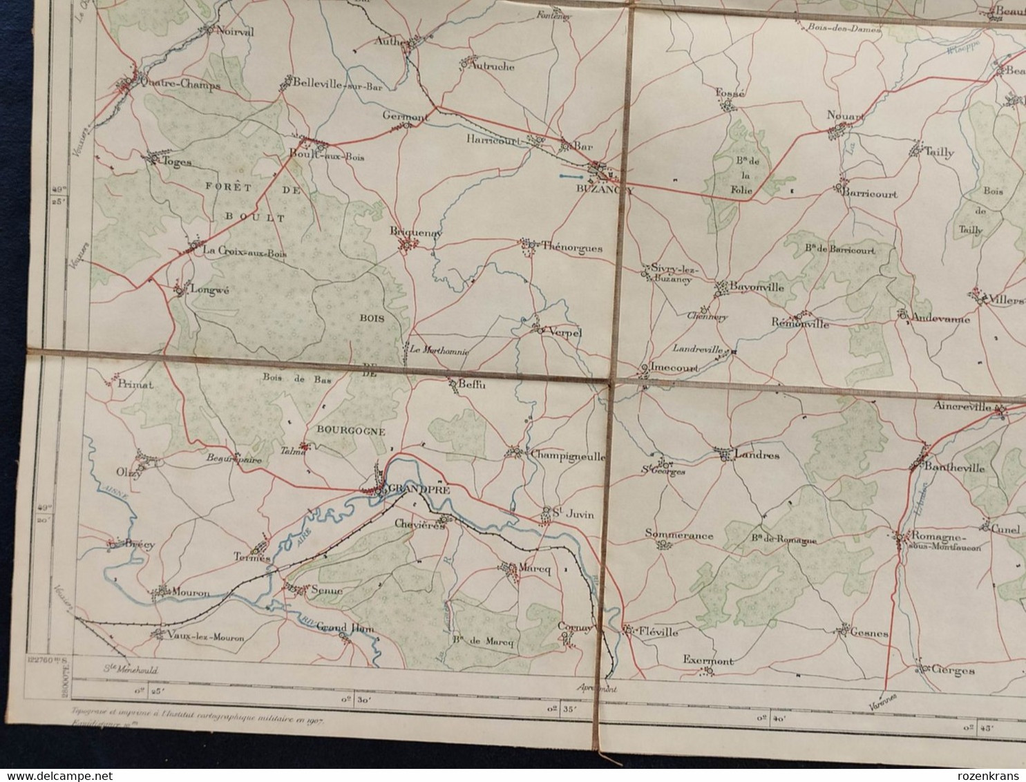 Carte topographique toilée militaire STAFKAART 1907 Villers Devant Orval Vendresse Le Chesne Jametz Mouzon Stenay