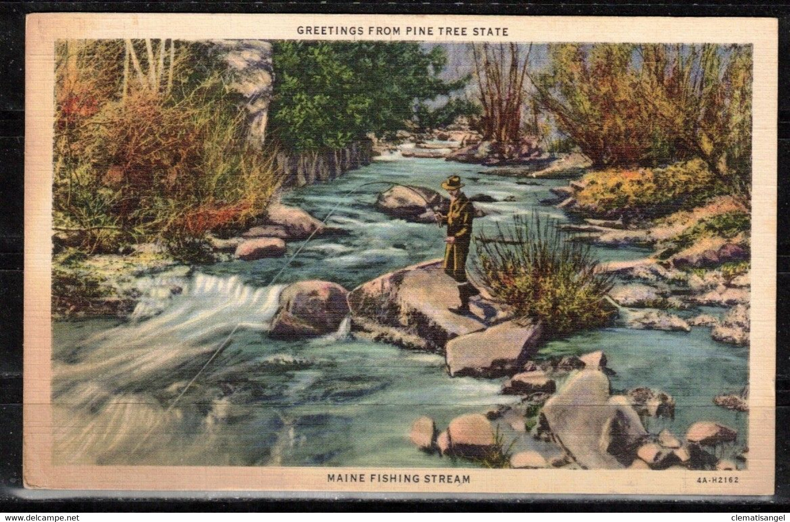 28a * INTERRESSANTE KARTE * AQUARELL VON MAINE FISHING STREAM * GREETINGS FROM PINE TREE STATE * 1937 **!! - Portland