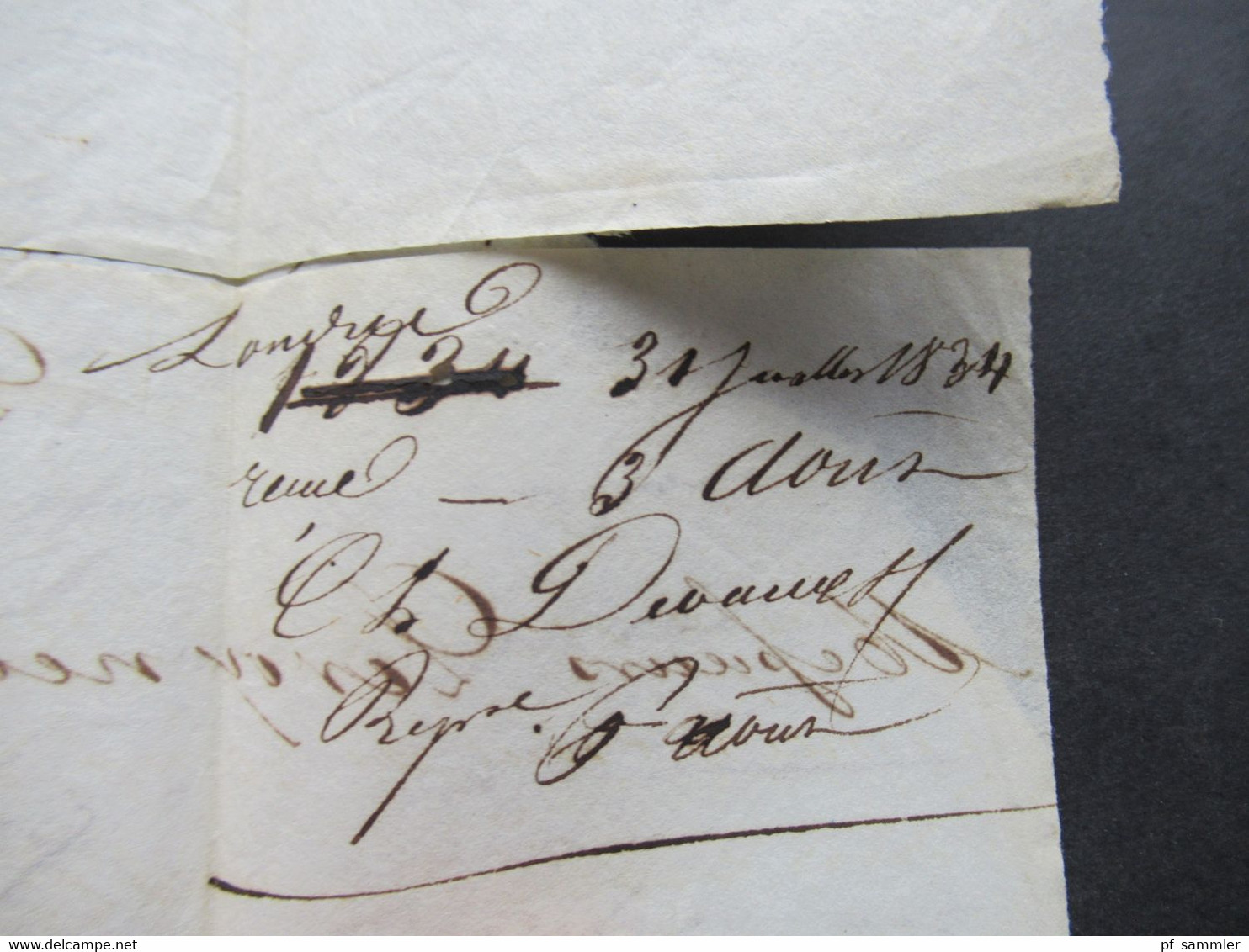 GB 31.7.1834 Forwarded letter aus London via Calais Forwarder nach Rouen mit Ank. Stempel Faltbrief mit Inhalt