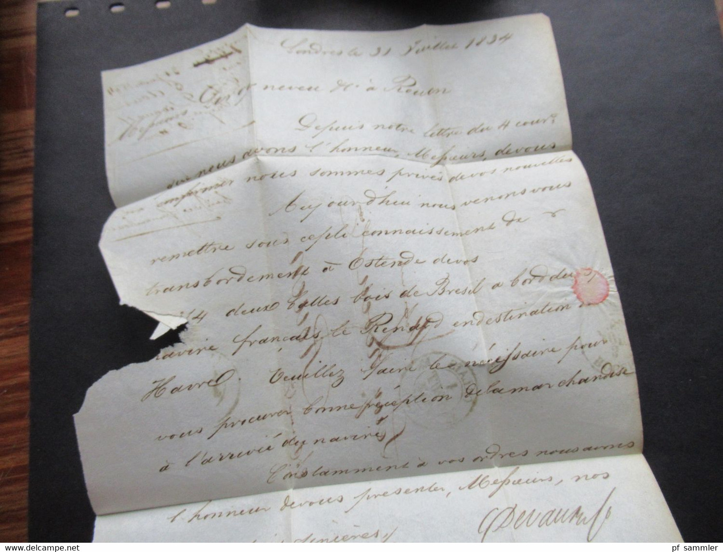 GB 31.7.1834 Forwarded letter aus London via Calais Forwarder nach Rouen mit Ank. Stempel Faltbrief mit Inhalt