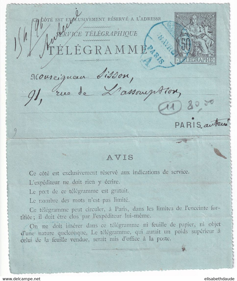 1891 - CARTE-LETTRE ENTIER CHAPLAIN PNEUMATIQUE De PARIS Avec CACHET Du GRAND HOTEL - SUPERBE - Pneumatiques