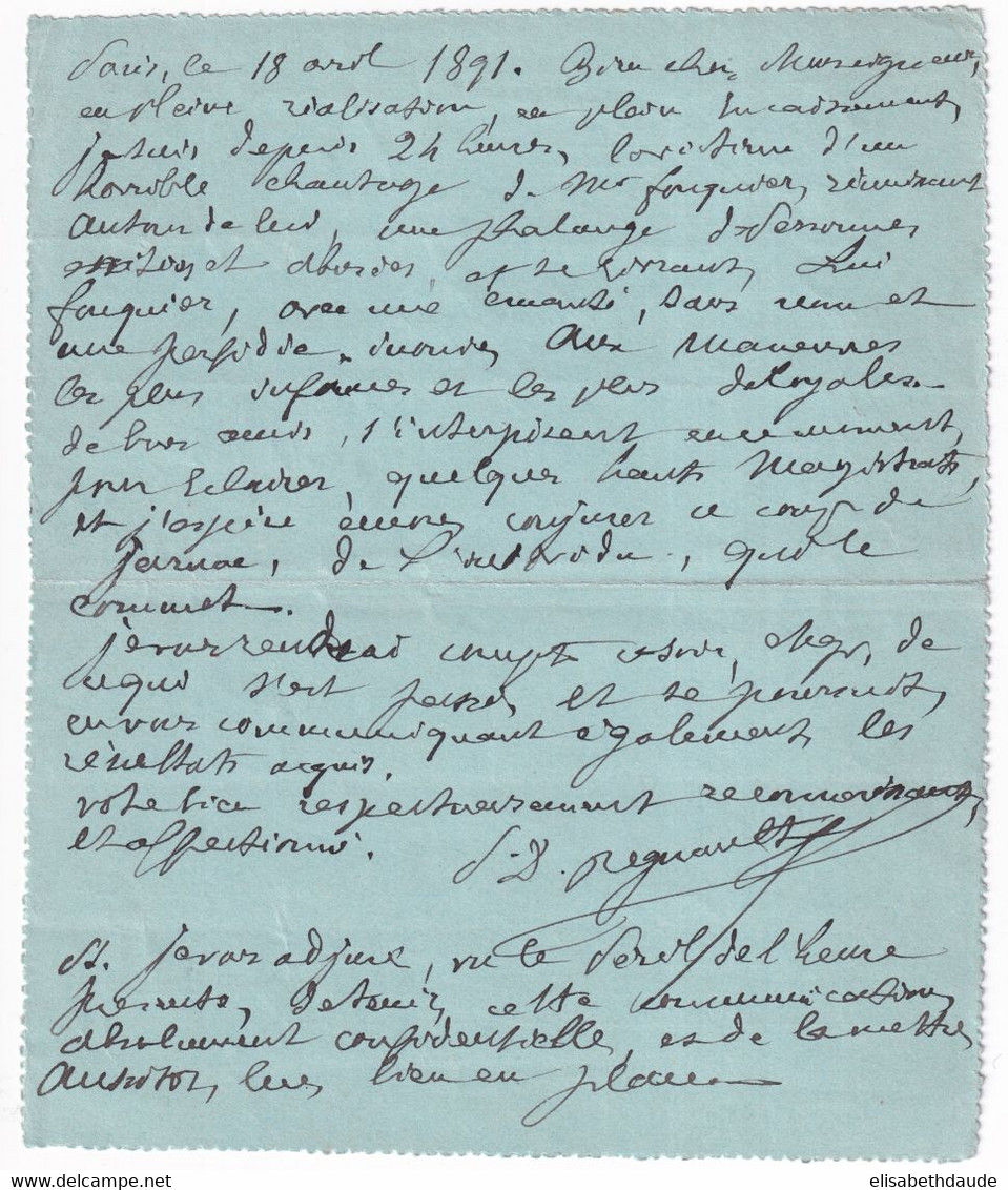 1891 - CARTE-LETTRE ENTIER CHAPLAIN PNEUMATIQUE De PARIS Avec CACHET Du GRAND HOTEL - SUPERBE - Pneumatiques