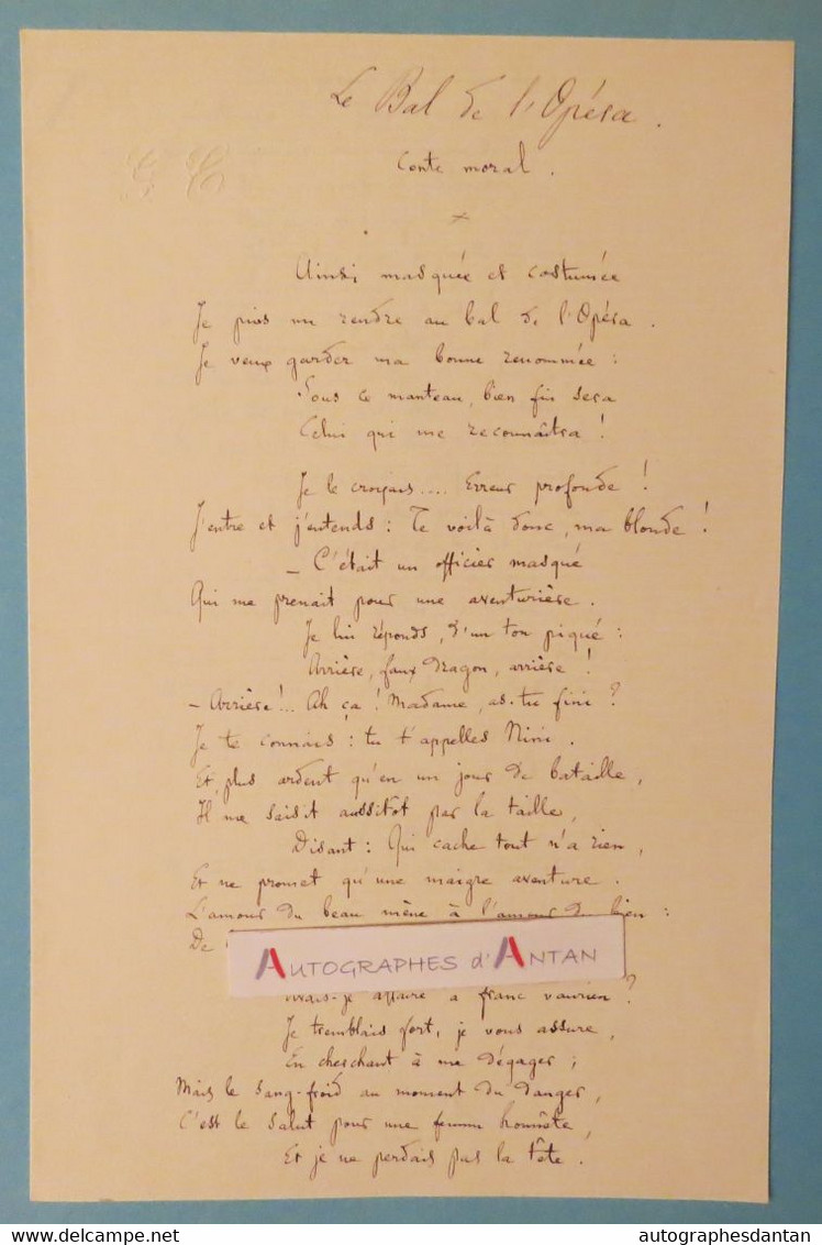 Gustave CHOUQUET Musicologue Le Bal De L'Opéra Poème Autographe Né Le Havre - Musique Autograph Poesy - Masque - Chanteurs & Musiciens