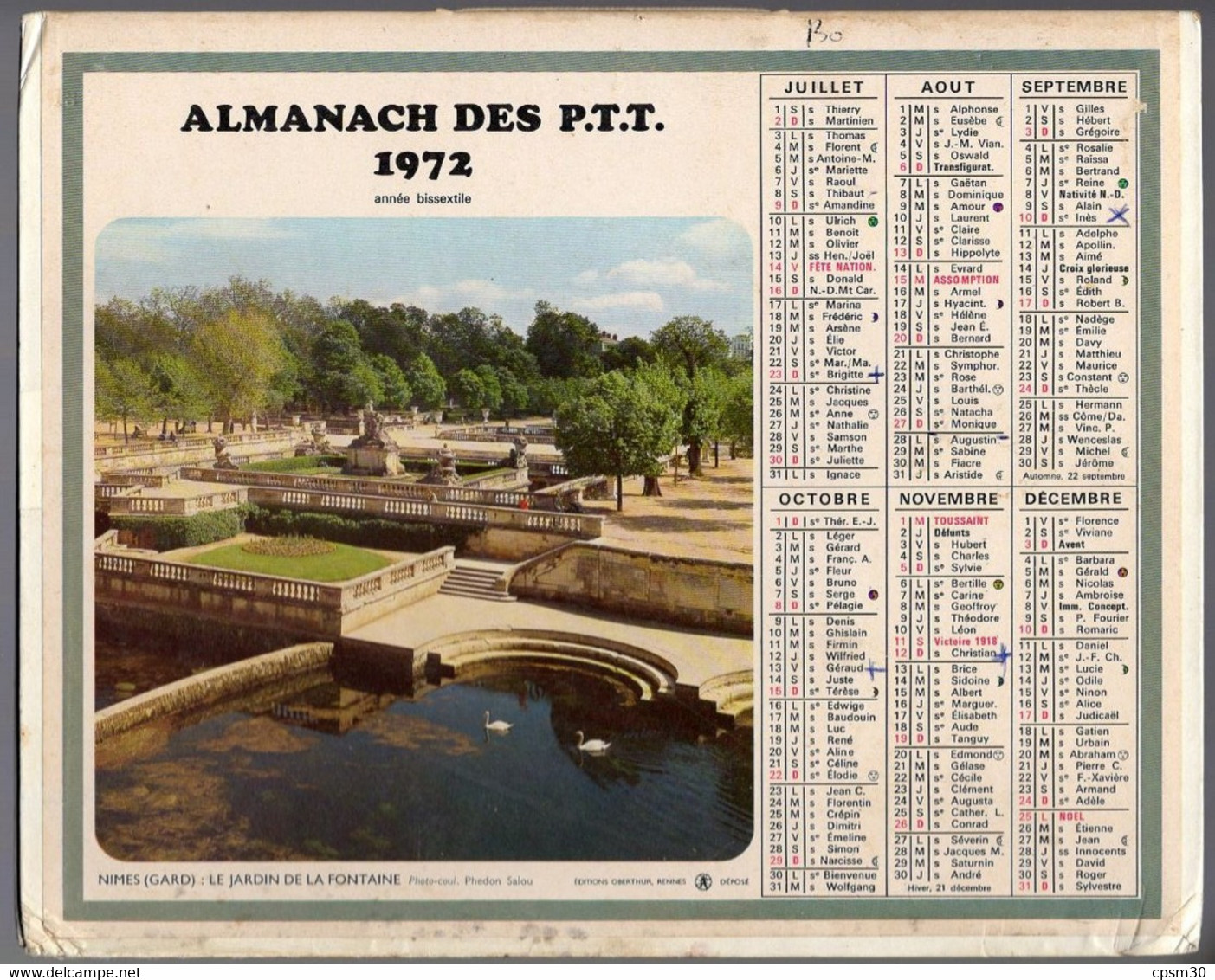CALENDRIER GF 1972 - Fleurs Et Neige, Nîmes La Fontaine 30 Gard, Imprimeur Oberthur Rennes (calendrier Double) - Big : 1971-80