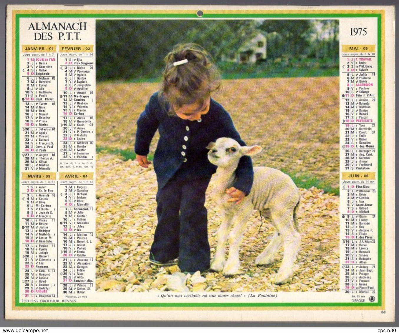 CALENDRIER GF 1975 - Chatons Et Agneau, Imprimeur Oberthur Rennes (calendrier Double) - Grand Format : 1971-80