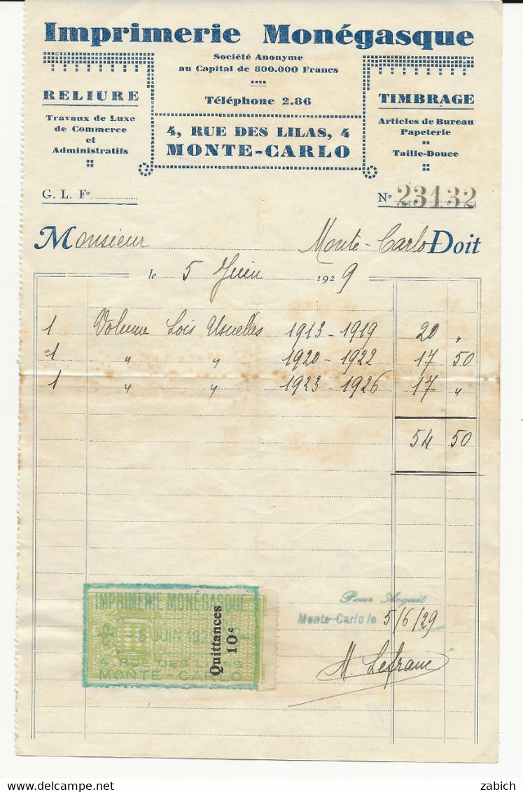 TIMBRES FISCAUX DE MONACO QUITTANCE N°2  10 C VERT SUR DOCUMENT DU 5 JUIN 1929 - Revenue