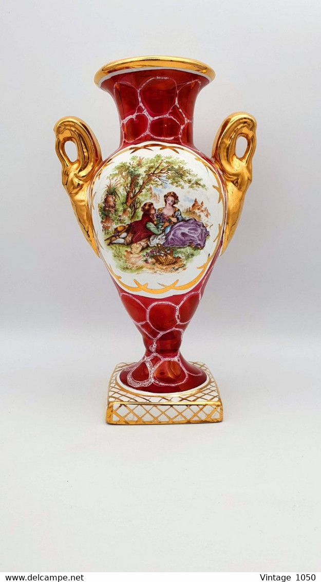 Vase Ancien Porcelaine De Bruxelles  XIXe  Thème Fragonard  Bordeau Dorures 2 Anses Ht 22 Cm #Belgium #Bruxelles #rare - Other & Unclassified