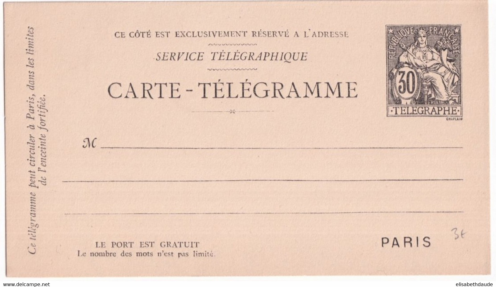 PNEUMATIQUE - 1885 - CARTE ENTIER POSTAL TYPE CHAPLAIN SANS DATE - STORCH B7 - NEUVE - - Pneumatiques