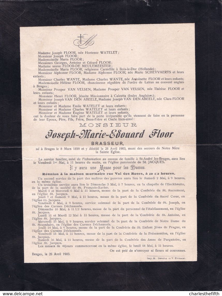 AVIS DE DECES * BRASSEUR à BRUGES  - JOSEPH FLOOR * °1859 - +1903 - BRASSERIE - Obituary Notices