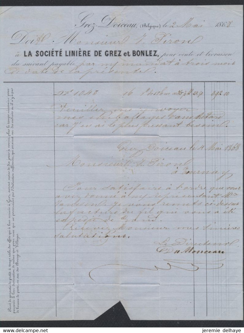émission 1865 - N°18 Sur LAC à En-tête Obl Pt 156 çàd Grez-Doiceau (1868) > Tournay / Société Linière - 1865-1866 Perfil Izquierdo