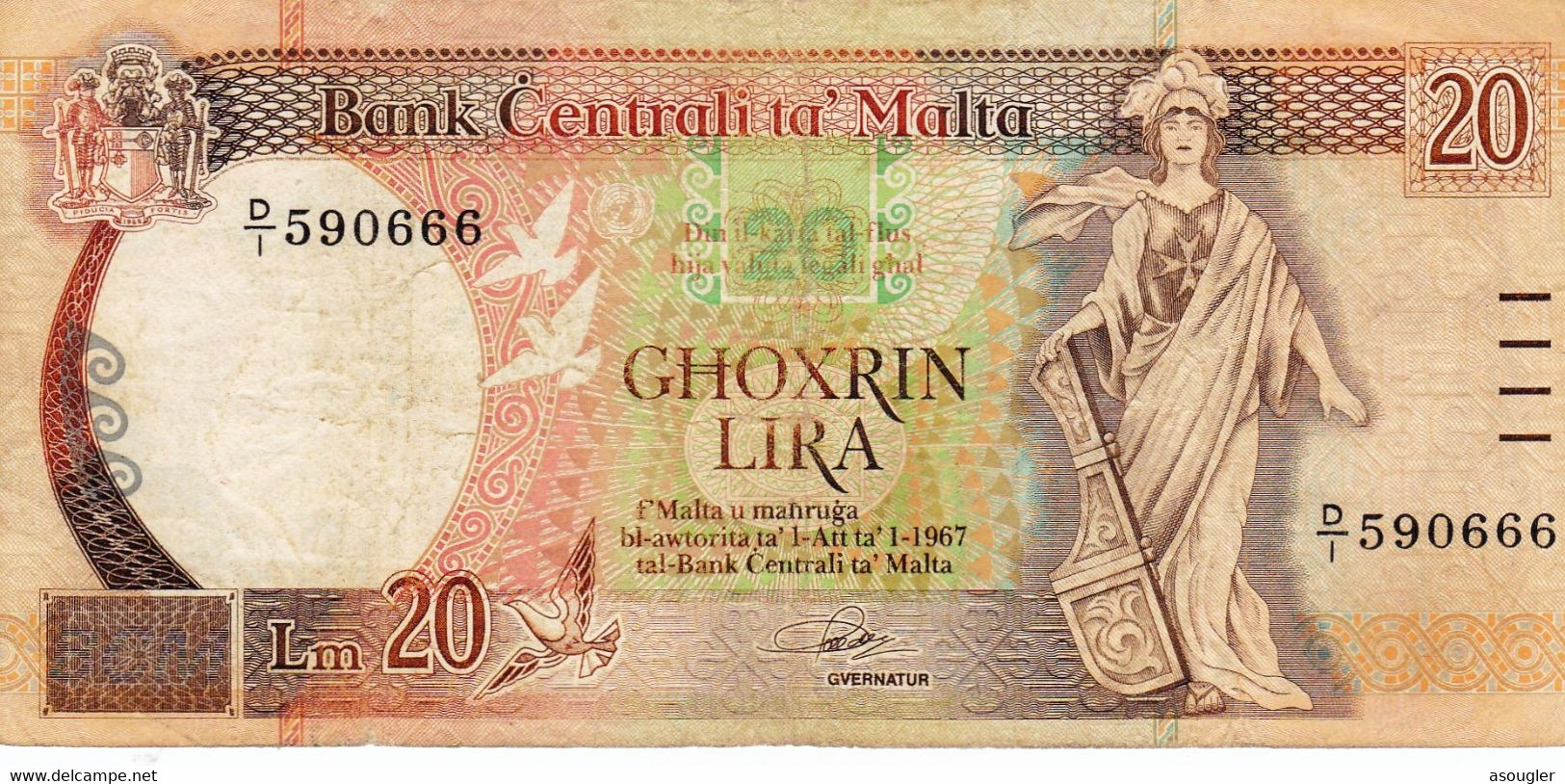 MALTA 20 LIRA 1967 (1989) F-VF P-44a Error Printing With "20" "free Shipping Via Registered Air Mail" - Malta