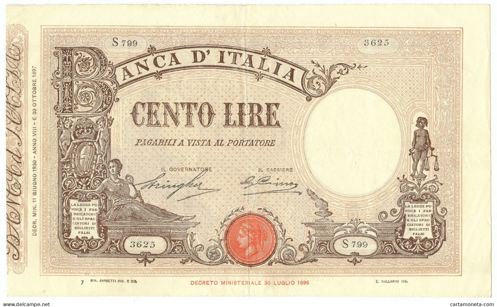 100 LIRE BARBETTI GRANDE B MATRICE LATERALE TESTINA FASCIO 11/06/1930 SPL/SPL+ - Andere