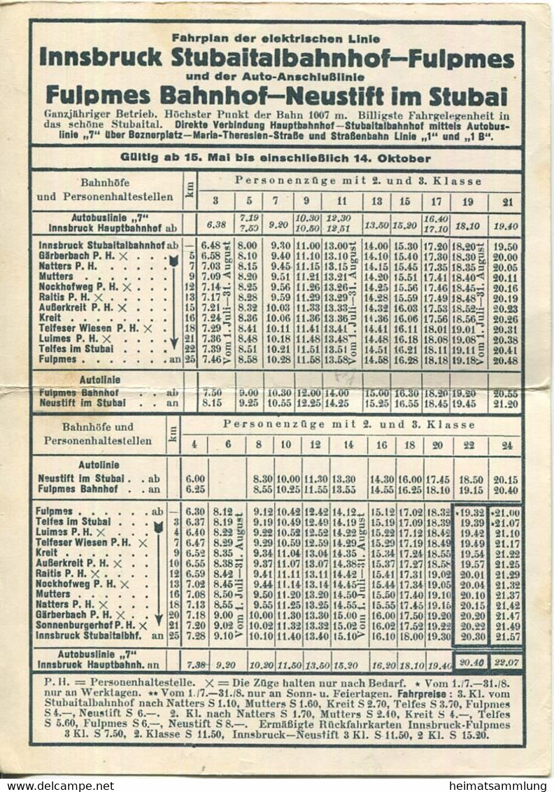 Österreich - Stubaitalbahn - Fahrplan Der Elektrischen Linie Stubaitalbahnhof Fulpmes Und Autobuslinie Fulpmes Bahnhof N - Europe