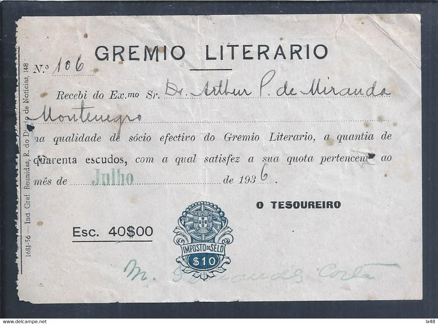 Recibo Do Grémio Literário Com Imposto De Selo $10 Impresso, 1936. Grémio Literário Receipt With Printed $10 Stamp Duty - Covers & Documents