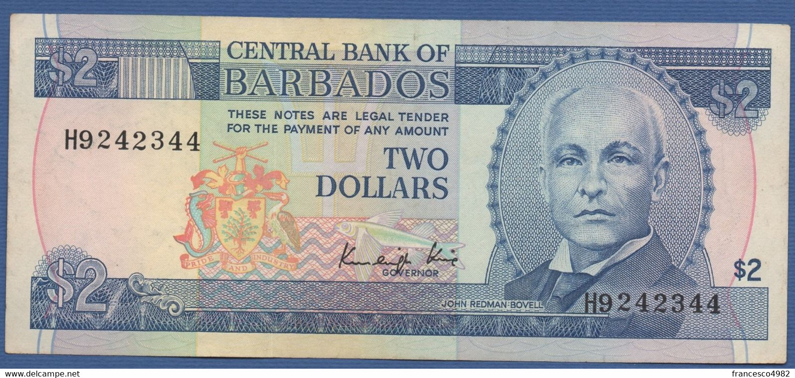 BARBADOS - P.36a –  2 DOLLARS ND (1986) - CIRCULATED - Printer  De La Rue, London - Serie H9242344 - Barbades