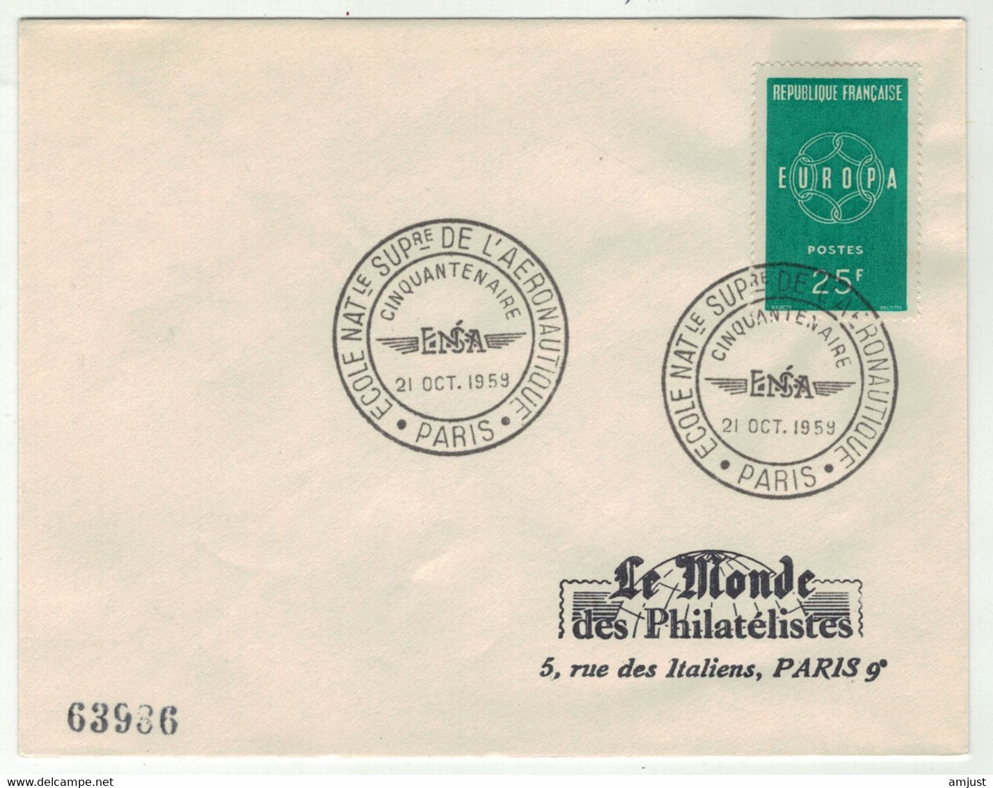 France // FDC 1950-1959 // Ecole Sup. De L'Aéronautique, Le Monde Des Philatélistes 21/10/1959 - 1950-1959