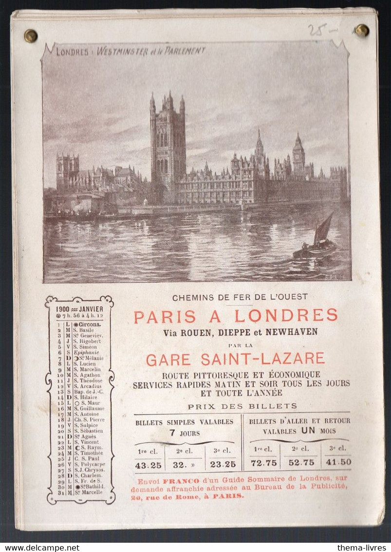 Chemins De Fer De L'Ouest  PARIS A LONDRES. Calendrier 1900  (voir La Description) (PPP28197) - Petit Format : ...-1900