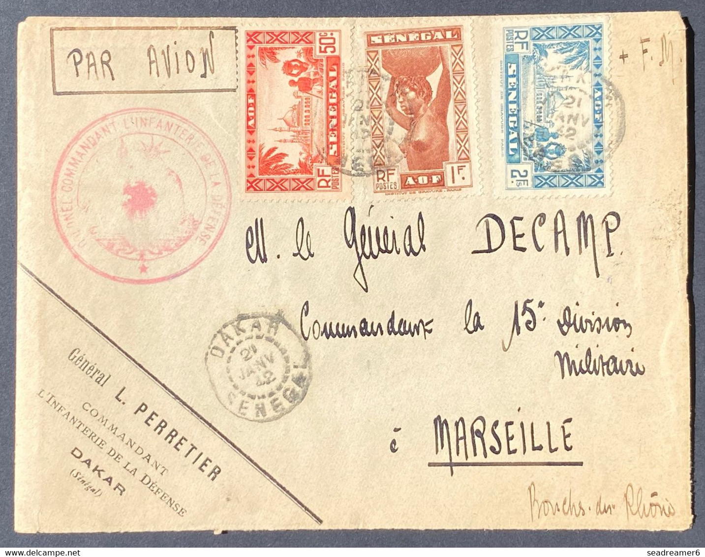 Lettre Troupes Françaises Au Sénégal D'un Général à Un Autre En FM Par Avion + Complément De Taxe Aérienne TTB - Other & Unclassified