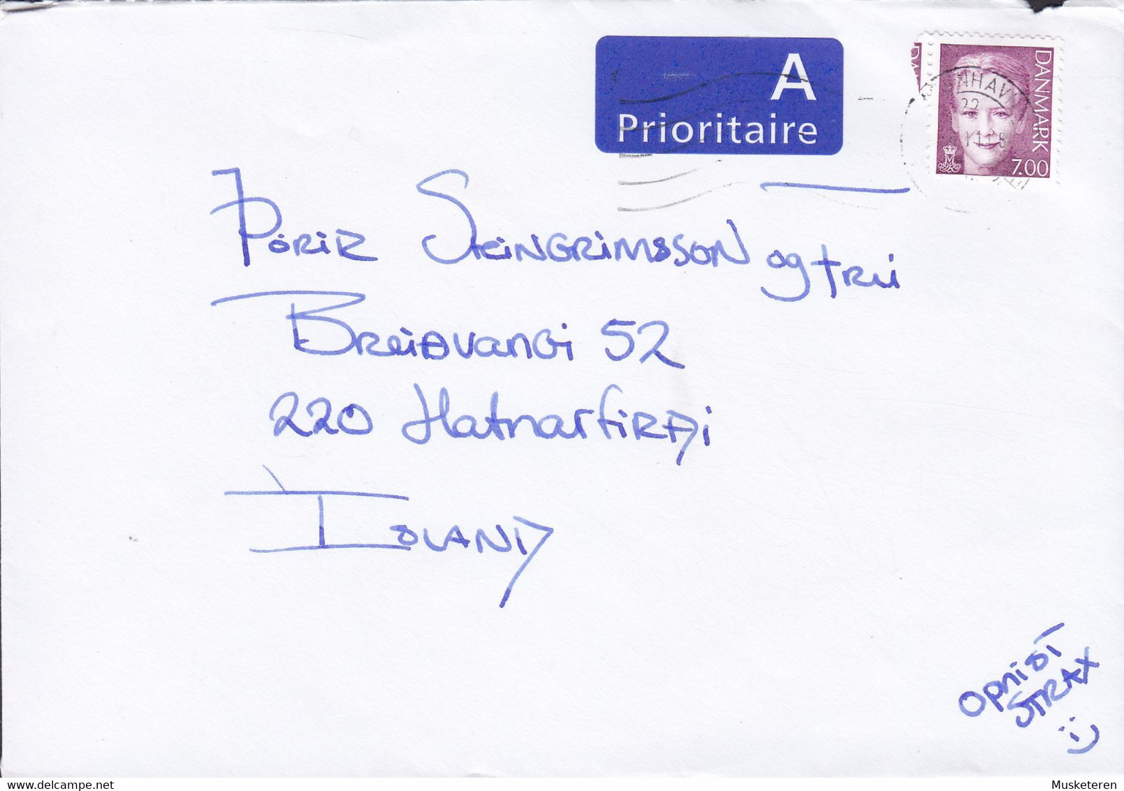 Denmark A PRIORITAIRE Label KØBENHAVN 2001? Cover Brief HAFNARFIRDI Iceland 7.00 Kr. Margrethe Stamp - Brieven En Documenten