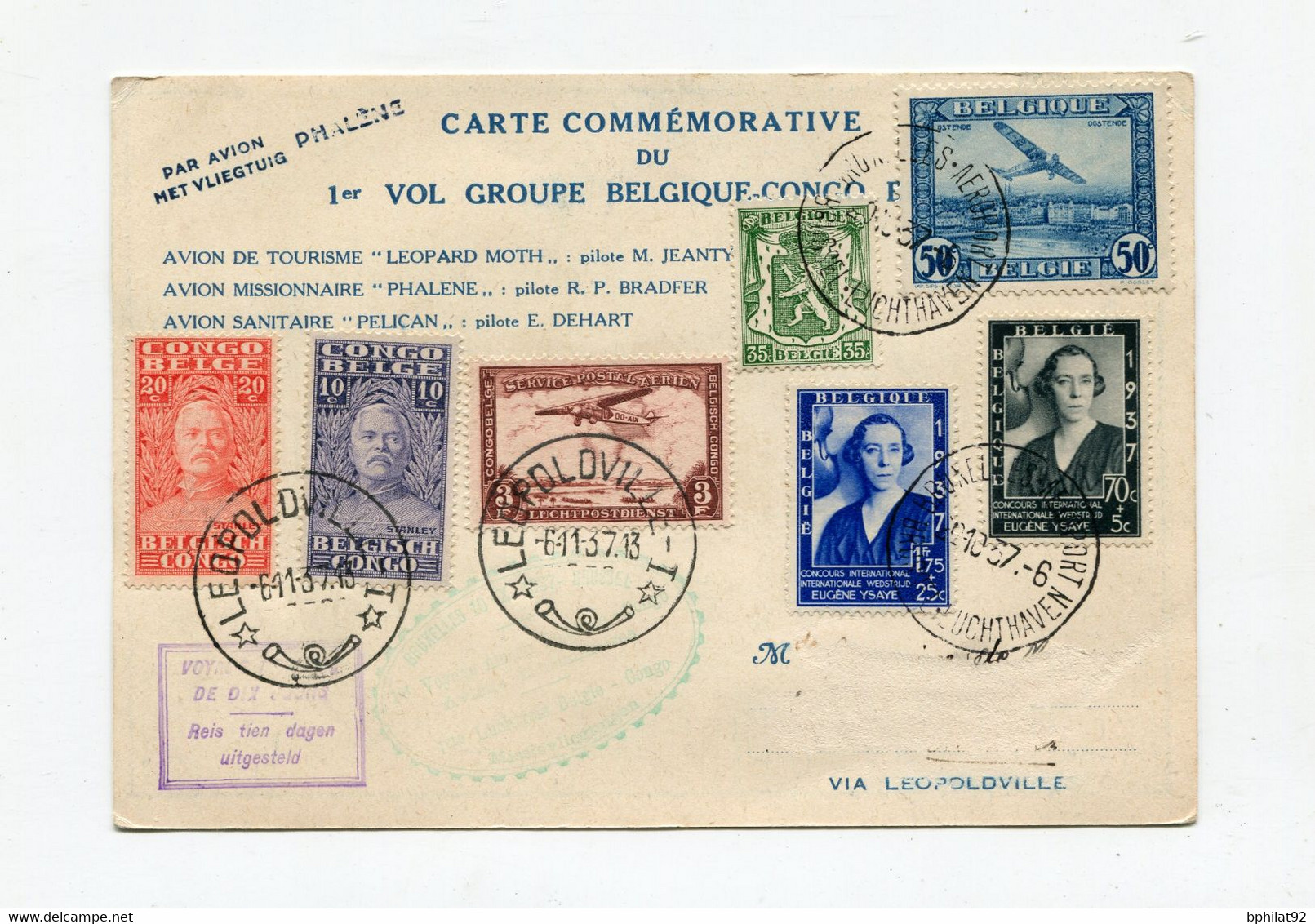 !!! CARTE COMMEMORATIVE 1ER VOL GROUPE BELGIQUE - CONGO 1937 - Briefe U. Dokumente