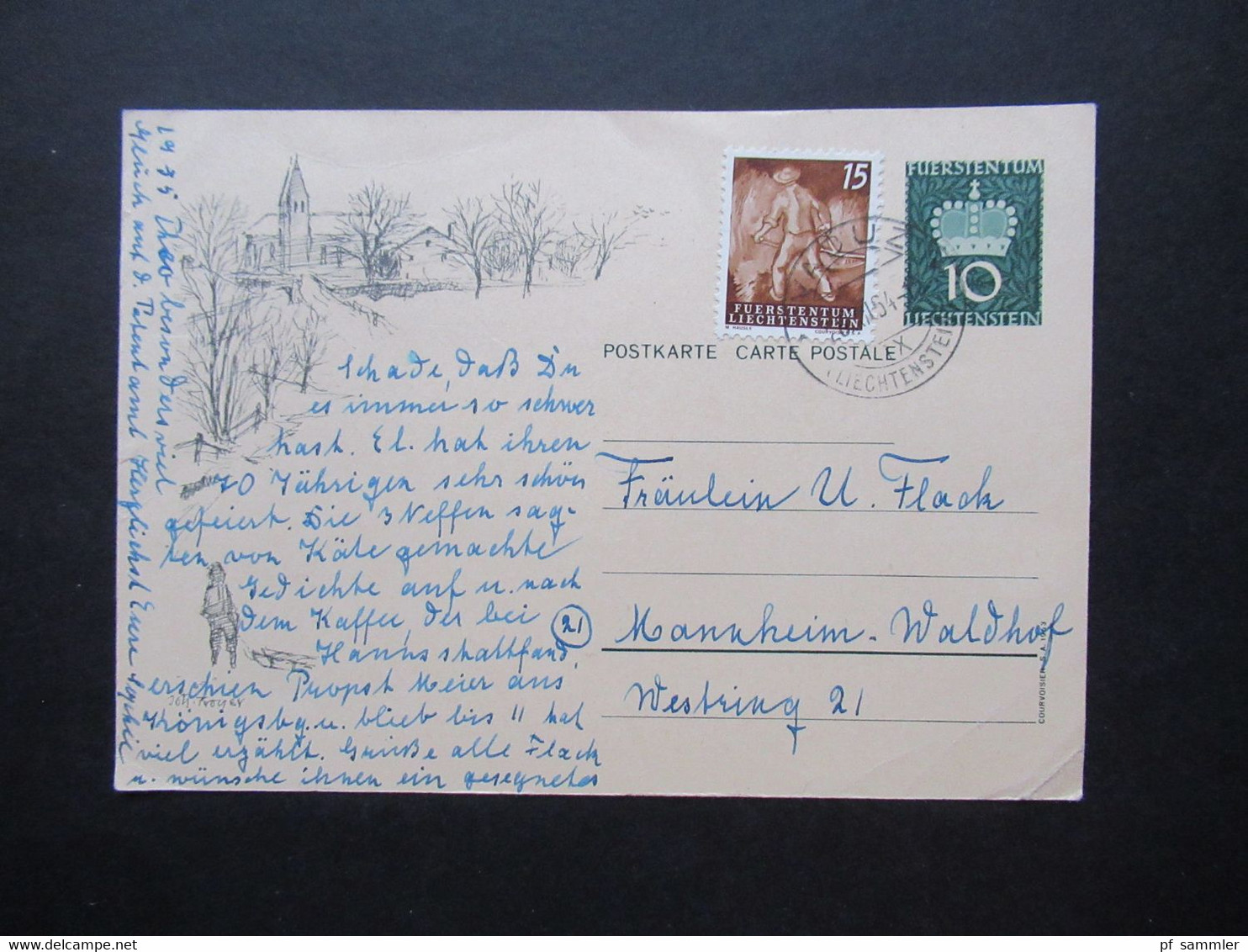 Liechtenstein 1953 / 54 GA P 37 Bild 04 Mit Zusatzfrankatur Freimarken Landarbeit 291 Stempel Vaduz Nach Mannheim Gesend - Postwaardestukken