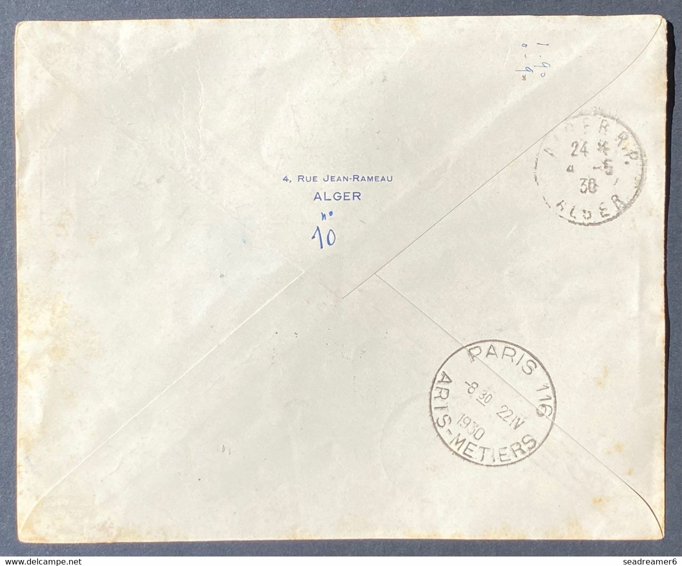 Algérie Lettre Griffe Ailée Bleue "1er Voyage Inauguration Alger Paris En Douze Heures" N°99 Obl Centenaire 15/04/1930 - Aéreo