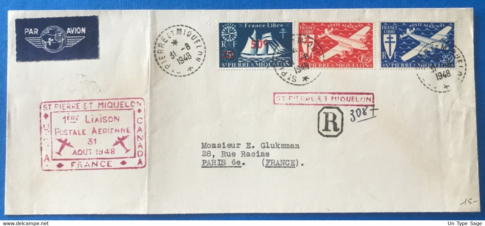 Saint Pierre Et Miquelon, Enveloppe 1er Liaison Postale Aérienne 31.8.1948 - SPM, Canada, USA, France - (L136) - Lettres & Documents