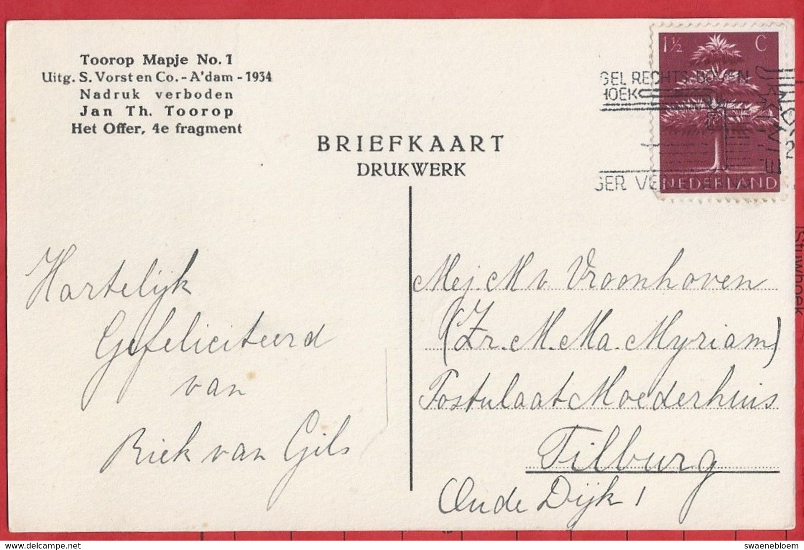 NL.- JAN TOOROP. HET OFFER 4e FRAGMENT. Uitg. S. Vorst En Co, Amsterdam. 1934. J. Th. Toorop. - Toorop, Jan